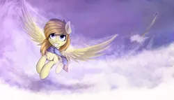 Size: 2873x1642 | Tagged: safe, artist:breakdream, derpibooru import, rainbow dash, oc, pegasus, pony, clothes, cloud, duo, female, flying, grin, image, mare, pegasus oc, png, scarf, sky, smiling, solo focus, spread wings, wings
