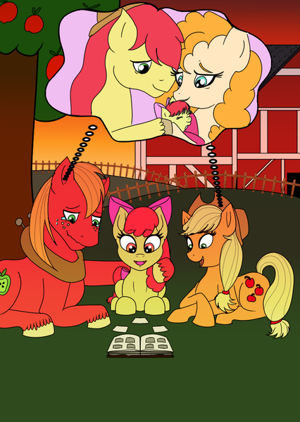 Size: 827x1165 | Tagged: safe, derpibooru import, apple bloom, applejack, big macintosh, bright mac, pear butter, earth pony, apple, apple tree, baby, baby apple bloom, food, image, png, sunset, tree, younger