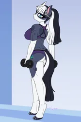 Size: 2800x4200 | Tagged: suggestive, artist:tertonda, derpibooru import, oc, oc:clarabelle meadow, unofficial characters only, anthro, earth pony, pony, unguligrade anthro, anthro oc, ass, breasts, busty oc, butt, commission, earth pony oc, female, image, looking back, mare, muscles, muscular female, png, ponytail, solo, solo female, standing, weights, workout outfit