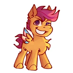 Size: 1600x1600 | Tagged: safe, artist:picturesofponies, derpibooru import, scootaloo, pegasus, pony, chest fluff, colt, foal, image, leg fluff, looking at you, male, one eye closed, png, simple background, smiling, solo, spread wings, trans male, transgender, white background, wings, wink