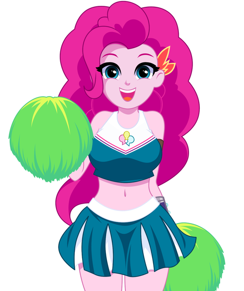 Size: 1215x1453 | Tagged: safe, artist:rosemile mulberry, derpibooru import, pinkie pie, human, equestria girls, belly button, breasts, busty pinkie pie, cheerleader, cheerleader pinkie, clothes, cute, diapinkes, female, happy, image, looking at you, midriff, miniskirt, pleated skirt, png, pom pom, simple background, skirt, smiling, solo, sports bra, updated design, white background