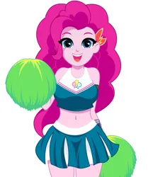 Size: 1215x1453 | Tagged: safe, artist:rosemile mulberry, derpibooru import, pinkie pie, human, equestria girls, belly button, breasts, busty pinkie pie, cheerleader, cheerleader pinkie, clothes, cute, diapinkes, female, happy, image, looking at you, midriff, miniskirt, pleated skirt, png, pom pom, simple background, skirt, smiling, solo, sports bra, updated design, white background