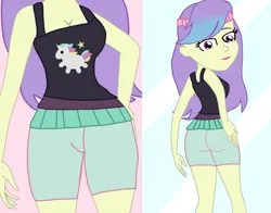 Size: 2854x2233 | Tagged: safe, artist:rainbowstarcolour262, derpibooru import, snow flower, human, equestria girls, ass, breasts, busty snow flower, butt, clothes, cutie mark, cutie mark on clothes, dyed hair, female, hand on hip, headband, image, lipstick, looking down, png, shorts, snowbutt, solo, standing, tanktop