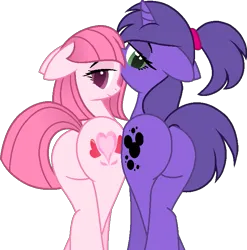 Size: 689x696 | Tagged: suggestive, artist:lilylocket, artist:tanahgrogot, derpibooru import, oc, oc:annisa trihapsari, oc:violetta cuddles belle, unofficial characters only, earth pony, pony, unicorn, adorasexy, annibutt, base used, butt, butt to butt, butt touch, cute, duo, duo female, earth pony oc, female, image, lesbian couple, looking at you, looking back, looking back at you, mare, plot, png, ponytail, sexy, simple background, smiling, smiling at you, sultry pose, transparent background
