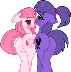 Size: 689x696 | Tagged: suggestive, artist:lilylocket, artist:tanahgrogot, derpibooru import, oc, oc:annisa trihapsari, oc:violetta cuddles belle, unofficial characters only, earth pony, pony, unicorn, adorasexy, annibutt, base used, blushing, butt, butt to butt, butt touch, cute, duo, duo female, earth pony oc, female, image, lesbian couple, looking at you, looking back, looking back at you, mare, plot, png, ponytail, sexy, simple background, smiling, smiling at you, sultry pose, transparent background