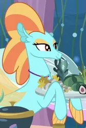 Size: 485x720 | Tagged: safe, derpibooru import, screencap, seapony (g4), surf and/or turf, cropped, female, food, g4, image, platter, png, smiling, solo, sundown horizon, underwater, water