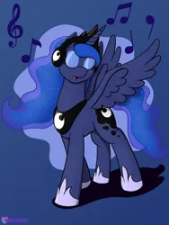 Size: 1500x1995 | Tagged: safe, artist:passionpanther, derpibooru import, princess luna, alicorn, pony, series:ponies with headphones, blue background, dramatic pose, eyes closed, female, headphones, image, jpeg, mare, music notes, simple background, solo, spread wings, wings