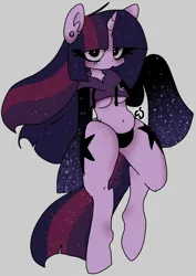 Size: 1100x1550 | Tagged: suggestive, artist:cutiesparke, derpibooru import, twilight sparkle, anthro, unguligrade anthro, unicorn, ahoge, alternate design, alternate hairstyle, alternate universe, arm hooves, belly button, blank expression, blushing, breasts, clothes, ear piercing, female, flowing hair, flowing mane, gauges, gradient, image, long hair, long mane, long sleeves, looking at you, piercing, png, raised leg, short shirt, soft shading, solo, sparkles, sparkly, sparkly mane, tail, underboob, underwear