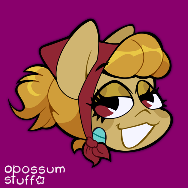 Size: 1100x1100 | Tagged: safe, artist:opossum-stuff, derpibooru import, oc, oc:bowel grinder, oc:gear shift, earth pony, pony, bandage, bandana, happy, image, png, ponytail, solo, split personality