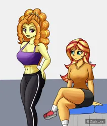 Size: 1400x1650 | Tagged: safe, artist:zachc, derpibooru import, adagio dazzle, sunset shimmer, equestria girls, breasts, busty adagio dazzle, busty sunset shimmer, clothes, crossed legs, duo, female, image, looking at each other, looking at someone, png, shirt, shorts, sitting, tanktop