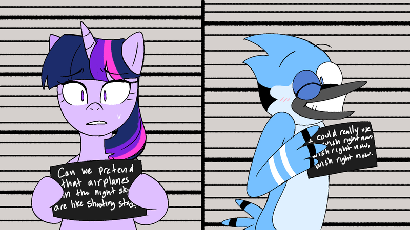 Size: 1920x1080 | Tagged: safe, artist:annazeee, derpibooru import, twilight sparkle, anthro, bird, bluebird, pony, unicorn, airplanes (song), barbie mugshot meme, blushing, crossing the memes, crossover, duo, duo male and female, female, grin, hoof hold, image, looking at you, lyrics, male, mare, meme, mordecai, mugshot, one eye closed, png, regular show, smiling, smiling at you, sweat, sweatdrop, text, wink, winking at you