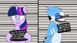 Size: 1920x1080 | Tagged: safe, artist:annazeee, derpibooru import, twilight sparkle, anthro, bird, bluebird, pony, unicorn, airplanes (song), barbie mugshot meme, blushing, crossing the memes, crossover, duo, duo male and female, female, grin, hoof hold, image, looking at you, lyrics, male, mare, meme, mordecai, mugshot, one eye closed, png, regular show, smiling, smiling at you, sweat, sweatdrop, text, wink, winking at you