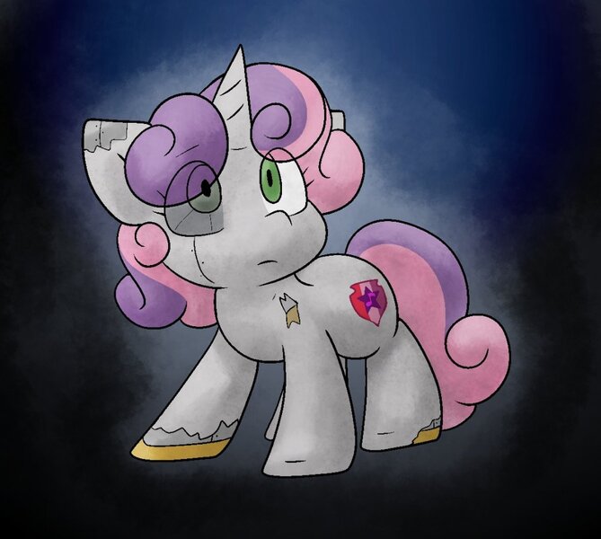 Size: 1023x917 | Tagged: safe, artist:zutcha, derpibooru import, sweetie belle, pony, robot, robot pony, unicorn, fanfic, abstract background, eye clipping through hair, fanfic art, fanfic cover, female, filly, foal, image, jpeg, looking up, solo, sweetie bot