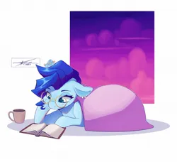 Size: 1864x1701 | Tagged: safe, artist:mindlessnik, derpibooru import, oc, oc:nik, unofficial characters only, pegasus, pony, blanket, book, coffee mug, female, floppy ears, glasses, hoof on chin, image, jpeg, lying down, mare, mug, passepartout, reading, round glasses, simple background, solo, white background