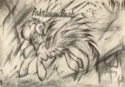 Size: 2209x1537 | Tagged: safe, artist:lydia, derpibooru import, rainbow dash, fanfic:rainbow factory, blood, confusion, crazy face, dark, faic, fanfic art, image, jpeg, paper, pencil drawing, rainbow factory dash, sketch, spread wings, traditional art, wings