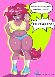 Size: 1133x1582 | Tagged: suggestive, artist:dagothurfanclub, derpibooru import, pinkie pie, anthro, alternate hairstyle, clothes, cupcake, food, image, jpeg, shoes, simple background, sneakers, solo, watermark
