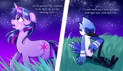Size: 2000x1152 | Tagged: safe, artist:annazeee, derpibooru import, twilight sparkle, anthro, bird, bluebird, pony, unicorn, airplanes (song), crossover, crossover shipping, duo, duo male and female, female, image, lyrics, male, mare, meme, mordecai, mordetwi, png, regular show, shipping, straight, text