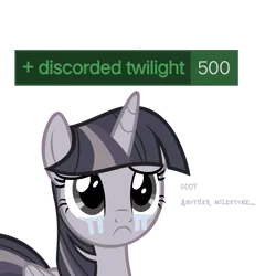 Size: 3772x3772 | Tagged: safe, artist:wardex101, derpibooru import, twilight sparkle, twilight sparkle (alicorn), alicorn, pony, uprooted, crying, crylight sparkle, discorded, discorded twilight, female, folded wings, frown, high res, image, mare, milestone, png, sad, simple background, solo, text, transparent background, twilight tragedy, wings
