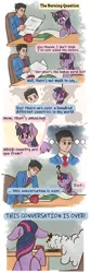 Size: 1009x3000 | Tagged: safe, derpibooru import, twilight sparkle, twilight sparkle (alicorn), alicorn, human, ace attorney, chibi, comic, commission, crossover, digital art, floppy ears, image, newspaper, panels, phoenix wright, png, reading, simple background, sitting, speech bubble, text