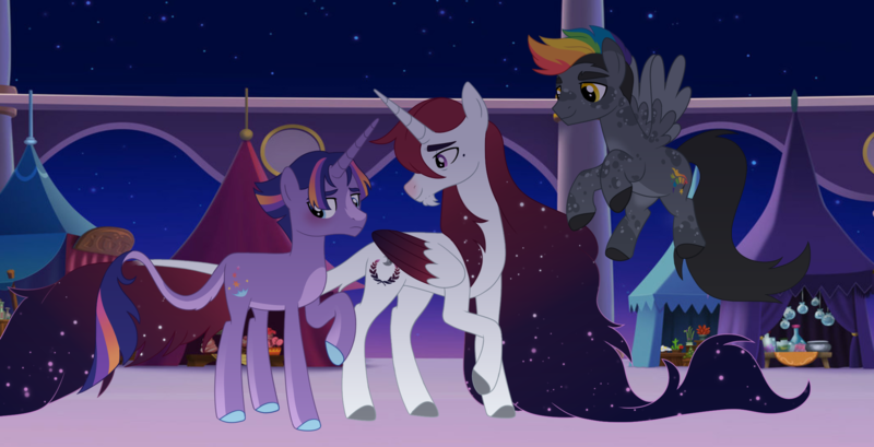 Size: 2115x1080 | Tagged: safe, artist:glowfangs, edit, edited screencap, screencap, rainbow dash, twilight sparkle, oc, oc:virgo flare, alicorn, pegasus, pony, unicorn, alternate design, alternate universe, ethereal mane, image, leonine tail, male, png, stallion, unicorn twilight