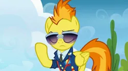 Size: 2156x1205 | Tagged: safe, derpibooru import, screencap, spitfire, pegasus, pony, top bolt, bush, clothes, cloud, drill sergeant, eyes closed, female, image, jpeg, mare, necktie, raised hoof, solo, suit, sunglasses, uniform, whistle, whistle necklace, wonderbolts dress uniform