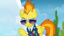 Size: 2160x1214 | Tagged: safe, derpibooru import, screencap, spitfire, pegasus, pony, top bolt, bush, clothes, cloud, drill sergeant, female, image, jpeg, mare, necktie, raised hoof, solo, stern, suit, sunglasses, uniform, whistle, whistle necklace, wonderbolts dress uniform