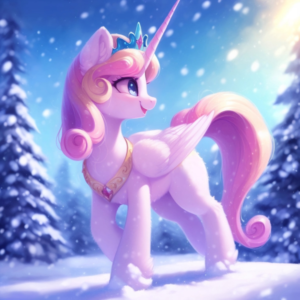 Size: 1152x1152 | Tagged: safe, derpibooru import, editor:nightluna, machine learning generated, stable diffusion, princess flurry heart, alicorn, pony, ai content, crown, ear fluff, eyelashes, female, generator:purplesmart.ai, image, jewelry, jpeg, looking sideways, mare, missing cutie mark, open mouth, open smile, prompter:nightluna, regalia, sky, smiling, snow, snowfall, tree, winter