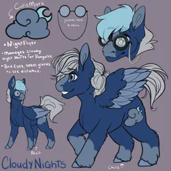 Size: 1920x1920 | Tagged: safe, artist:catatonic_illustrates, derpibooru import, oc, oc:cloudy nights, pegasus, pony, blaze (coat marking), blue eyes, child, cloud, coat markings, crescent moon, dark clouds, facial markings, feather, feathered wings, fetlock tuft, glasses, image, moon, nonbinary, nostrils, pegasus wings, png, reference sheet, smiling, snout, socks (coat marking), solo, spread wings, two toned mane, wings