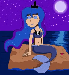 Size: 1295x1410 | Tagged: safe, artist:ocean lover, derpibooru import, princess luna, human, mermaid, starfish, bandeau, bare shoulders, beautiful, beautisexy, belly, belly button, blue eyeshadow, blue hair, blue lipstick, boulder, crown, curvy, elegant, ethereal hair, eyes closed, eyeshadow, fins, fish tail, hourglass figure, human coloration, humanized, image, jewelry, lipstick, long hair, makeup, mermaid princess, mermaid tail, mermaidized, mermay, midriff, moon, ms paint, night, night sky, ocean, png, pose, pretty, princess of the night, reflection, regalia, relaxing, rock, shiny hair, sitting, sky, smiling, species swap, starry background, starry hair, starry night, stars, tail, tail fin, water, wavy hair