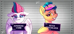 Size: 5285x2500 | Tagged: safe, artist:tyleks, derpibooru import, edit, hitch trailblazer, zipp storm, earth pony, pegasus, pony, g5, barbie mugshot meme, challenge, duo, duo male and female, fanart mashup challenge, female, hitchzipp, image, male, mare, meme, mugshot, png, shipping, smiling, stallion, straight