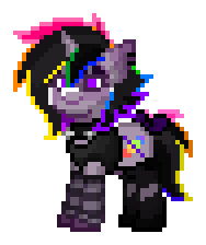 Size: 188x224 | Tagged: safe, derpibooru import, oc, oc:strobestress, unofficial characters only, pony, unicorn, pony town, bow, clothes, collar, ear piercing, earring, eyeshadow, gif, glowstick, image, jewelry, leg warmers, makeup, multicolored hair, piercing, pixel art, purple eyes, rainbow hair, simple background, smiling, smirk, socks, solo, sprite, strobe lights, thigh highs, transparent background
