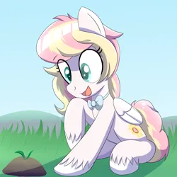 Size: 2000x2000 | Tagged: safe, artist:trackheadtherobopony, derpibooru import, oc, oc:ninny, pegasus, bow, grass, image, looking at something, png, solo, sprout