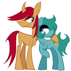 Size: 512x512 | Tagged: safe, artist:alandisc, derpibooru import, oc, oc:max crow, oc:raymond pony, unofficial characters only, earth pony, pony, unicorn, butt touch, curved horn, eye clipping through hair, eyebrows, eyebrows visible through hair, height difference, hoof on butt, horn, image, jpeg, looking at each other, looking at someone, male, raised hoof, simple background, smiling, smirk, tall, white background