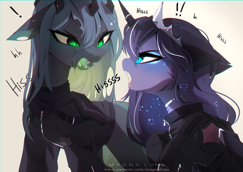 Size: 4093x2894 | Tagged: safe, artist:magnaluna, princess luna, queen chrysalis, alicorn, changeling, changeling queen, pony, angry, clothes, crown, ethereal mane, fangs, female, hissing, horn, horn ring, image, jewelry, jpeg, mare, open mouth, regalia, ring, sweater