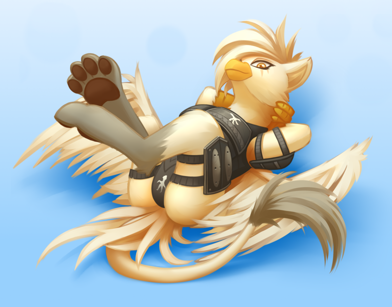 Size: 2800x2200 | Tagged: suggestive, artist:adagiostring, derpibooru import, oc, oc:cloudcrest, gryphon, fallout equestria, arm behind head, armor, beak, bird tail, clothes, combat armor, crossed legs, griffon oc, image, legs in air, leonine tail, looking at you, lying down, on back, panties, paw pads, paws, png, simple background, sultry pose, tail, talon merc, talons, underwear, wings