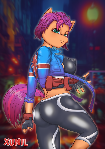 Size: 1240x1754 | Tagged: suggestive, artist:xunil763, derpibooru import, sunny starscout, anthro, pony, g5, big breast, clothes, cosplay, costume, image, large butt, png, solo, thighs, thunder thighs, wide hips