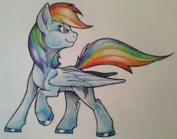 Size: 1205x943 | Tagged: safe, artist:michifishu, derpibooru import, rainbow dash, pegasus, pony, 2015, image, jpeg, looking back, old art, raised hoof, solo, traditional art