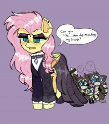 Size: 1376x1561 | Tagged: safe, artist:miles_milly_, derpibooru import, fluttershy, pegasus, pony, raccoon, clothes, dress, ear piercing, earring, fluttergoth, image, jewelry, jpeg, lidded eyes, mascara, piercing, unamused