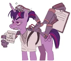 Size: 2048x1741 | Tagged: safe, alternate version, artist:arrgh-whatever, derpibooru import, twilight sparkle, pony, unicorn, alternate cutie mark, alternate versions at source, clipboard, clothes, crossover, female, frown, head scratch, image, inside job, lab coat, mechanical hands, mug, png, ponytail, reagan ridley, robotic arm, scratching, simple background, solo, unicorn twilight, white background