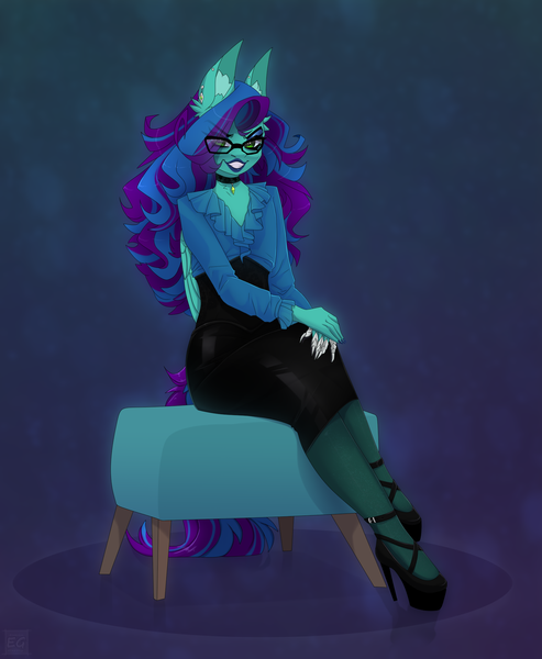 Size: 1776x2160 | Tagged: safe, artist:elektra-gertly, derpibooru import, oc, oc:star dust, unofficial characters only, anthro, pegasus, blouse, blue background, blue eyeshadow, blue lipstick, blue mane, blue tail, choker, clothes, commission, corset, crossed arms, crossed legs, ear piercing, earring, eyelashes, eyeliner, eyeshadow, femboy, folded wings, furniture, glasses, green eyes, hands on knees, high heels, hobble skirt, image, jewelry, latex, latex skirt, lipstick, long hair male, long mane, long mane male, long nails, long tail, looking at you, loose hair, makeup, male, metal claws, pantyhose, pegasus oc, piercing, platform heels, platform shoes, png, purple background, purple mane, purple tail, reflection, shoes, simple background, skirt, smiling, smirk, smug, tail, teal wings, two toned hair, two toned mane, two toned tail, wings
