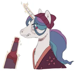 Size: 2048x1912 | Tagged: safe, artist:arrgh-whatever, derpibooru import, princess celestia, pony, beanie, beer bottle, bottle, hat, image, inside job, magic, png, rand ridley, simple background, solo, white background