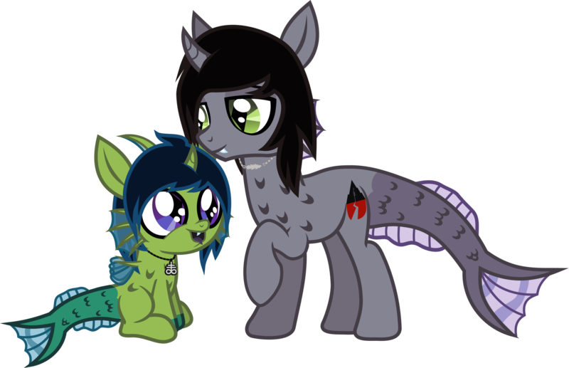 Size: 2098x1355 | Tagged: safe, artist:lightningbolt, derpibooru import, oc, oc:demon hellspawn, ponified, ponified:kellin quinn, half-siren, hybrid, pony, .svg available, baby, baby pony, colored hooves, colored tongue, curved horn, derpibooru exclusive, duo, duo male, fangs, fins, fish tail, hair over one eye, happy, horn, image, jewelry, looking at each other, looking at someone, looking down, magical gay spawn, male, necklace, offspring, open mouth, png, raised hoof, scales, show accurate, simple background, sitting, sleeping with sirens, slit pupils, smiling, stallion, standing, tail, transparent background, vector