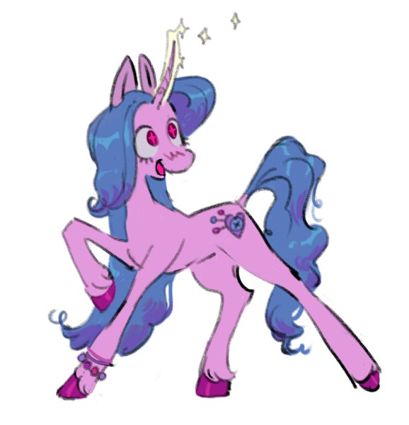 Size: 1973x2048 | Tagged: safe, artist:arrgh-whatever, derpibooru import, izzy moonbow, pony, unicorn, g5, bracelet, colored hooves, female, happy, image, jewelry, magic, magic aura, open mouth, png, simple background, solo, sparkles, unshorn fetlocks, white background