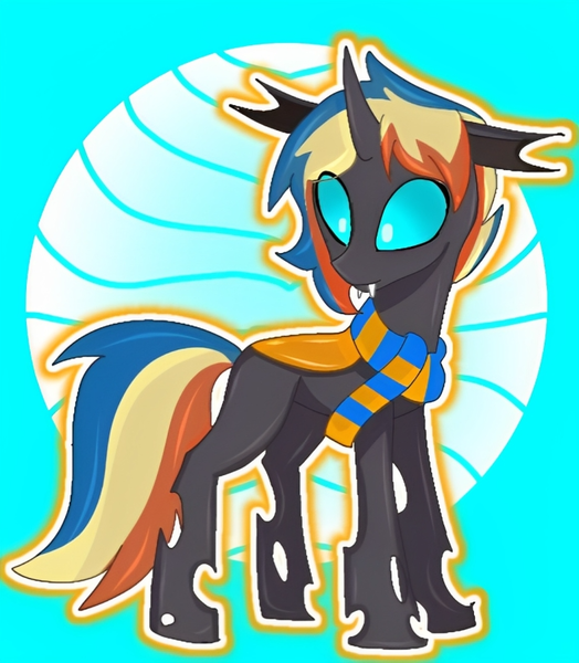 Size: 701x802 | Tagged: safe, artist:arianna_bonnie, derpibooru import, oc, oc:sardonyx, unofficial characters only, changeling, changeling oc, clothes, cute, cuteling, image, multicolored hair, orange changeling, png, rainbow hair, scarf, solo, striped scarf