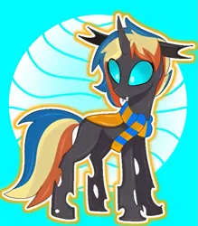 Size: 701x802 | Tagged: safe, artist:arianna_bonnie, derpibooru import, oc, oc:sardonyx, unofficial characters only, changeling, changeling oc, clothes, cute, cuteling, image, multicolored hair, orange changeling, png, rainbow hair, scarf, solo, striped scarf