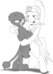 Size: 1003x1389 | Tagged: safe, artist:nauyaco, derpibooru import, oc, oc:ardent heart, gryphon, pony, armor, bipedal, female, image, male, monochrome, png, shipping, straight