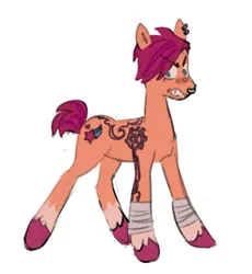 Size: 1881x2048 | Tagged: safe, artist:arrgh-whatever, derpibooru import, sunny starscout, earth pony, pony, g5, angry, arcane, bandage, bandaged leg, colored hooves, crossover, ear piercing, female, image, league of legends, mare, nose piercing, nose ring, piercing, png, short hair, simple background, socks (coat marking), solo, tattoo, unshorn fetlocks, vi (arcane), white background