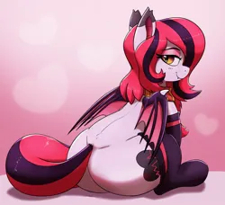 Size: 1200x1096 | Tagged: suggestive, artist:pabbley, derpibooru import, oc, oc:arrhythmia, bat pony, pony, bat wings, bedroom eyes, butt, clothes, fangs, female, image, jpeg, looking back, mare, plot, scarf, sitting, smiling, socks, tail, the ass was fat, wings
