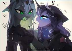 Size: 4093x2894 | Tagged: safe, artist:magnaluna, derpibooru import, princess luna, queen chrysalis, changeling, changeling queen, pony, angry, argument, behaving like a cat, clothes, constellation, crown, cute, cute little fangs, cutealis, drool, drool string, duo, duo female, ethereal mane, fangs, female, floppy ears, hissing, horn, horn ring, image, jacket, jewelry, lunabetes, madorable, majestic as fuck, necklace, png, regalia, ring, signature, simple background, slit pupils, white background