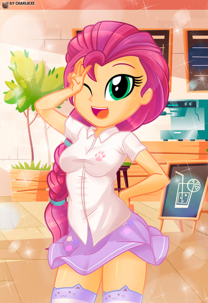 Size: 542x789 | Tagged: safe, artist:charliexe, derpibooru import, sunny starscout, human, equestria girls, g5, cafe, cat socks, clothes, cute, equestria girls-ified, female, g5 to equestria girls, generation leap, image, jpeg, one eye closed, open mouth, open smile, peace sign, shirt, skirt, smiling, socks, solo, stockings, sunnybetes, thigh highs, wink